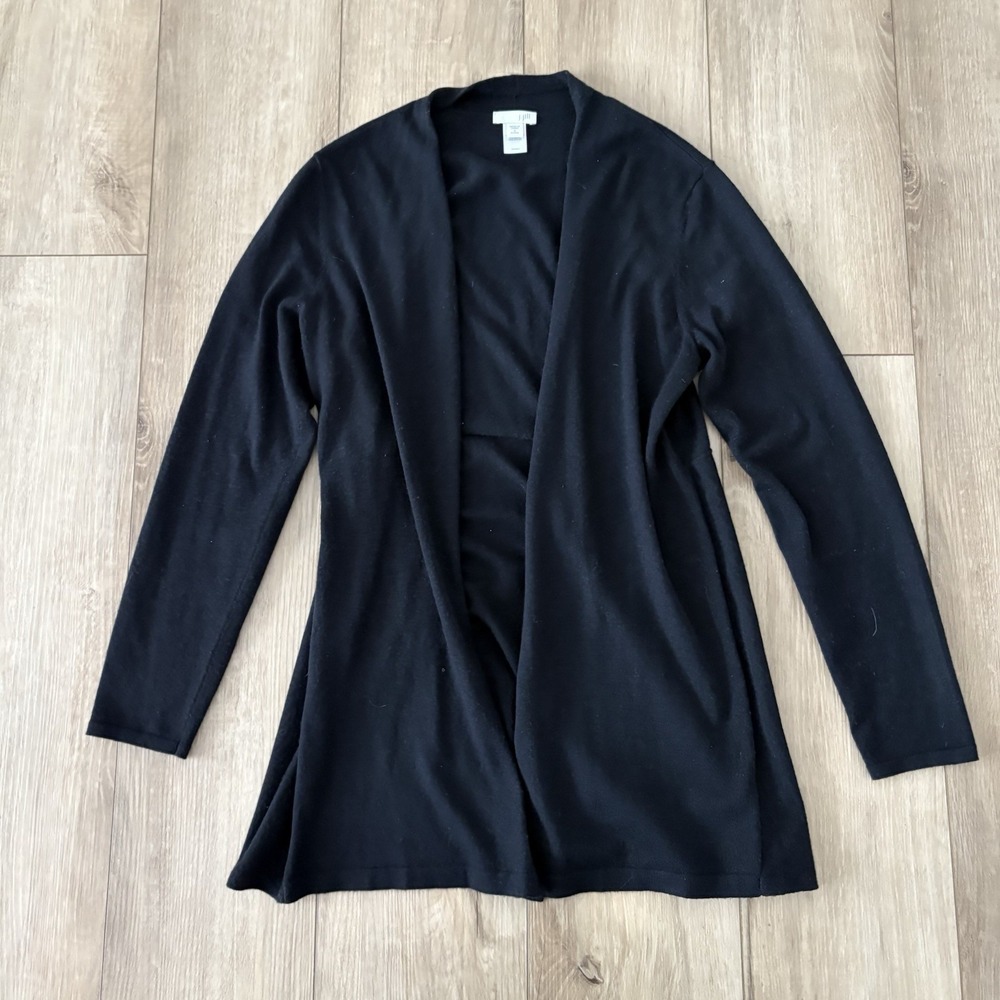 J. Jill Cardigan Sweater Women's S Petite Black‎ Open Front Wool Blend Longline